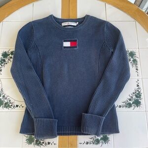 Vintage Tommy Hilfiger Ribbed Babydoll Sweater Women’s Small Navy Big Logo Y2K
